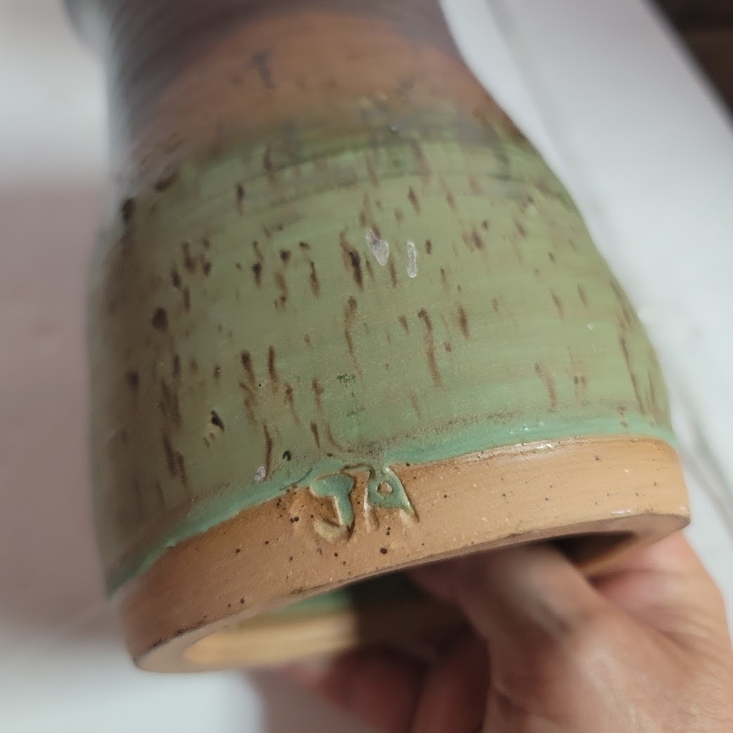 Art pottery Handmade tiki torch Clay Canister 7" holder Earthtones Signed JA