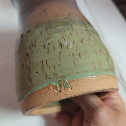 Art pottery Handmade tiki torch Clay Canister 7" holder Earthtones Signed JA
