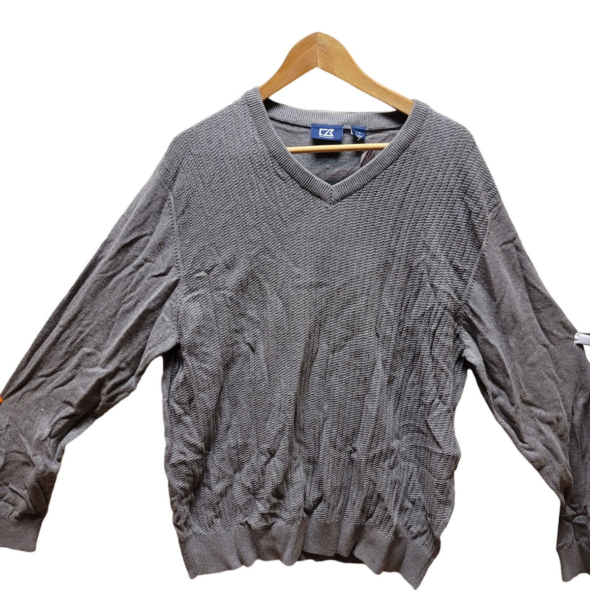 Cutter & Buck Gray Men's V-neck Long sleeve sweater LARGE 100% Cotton NEW Ribbed