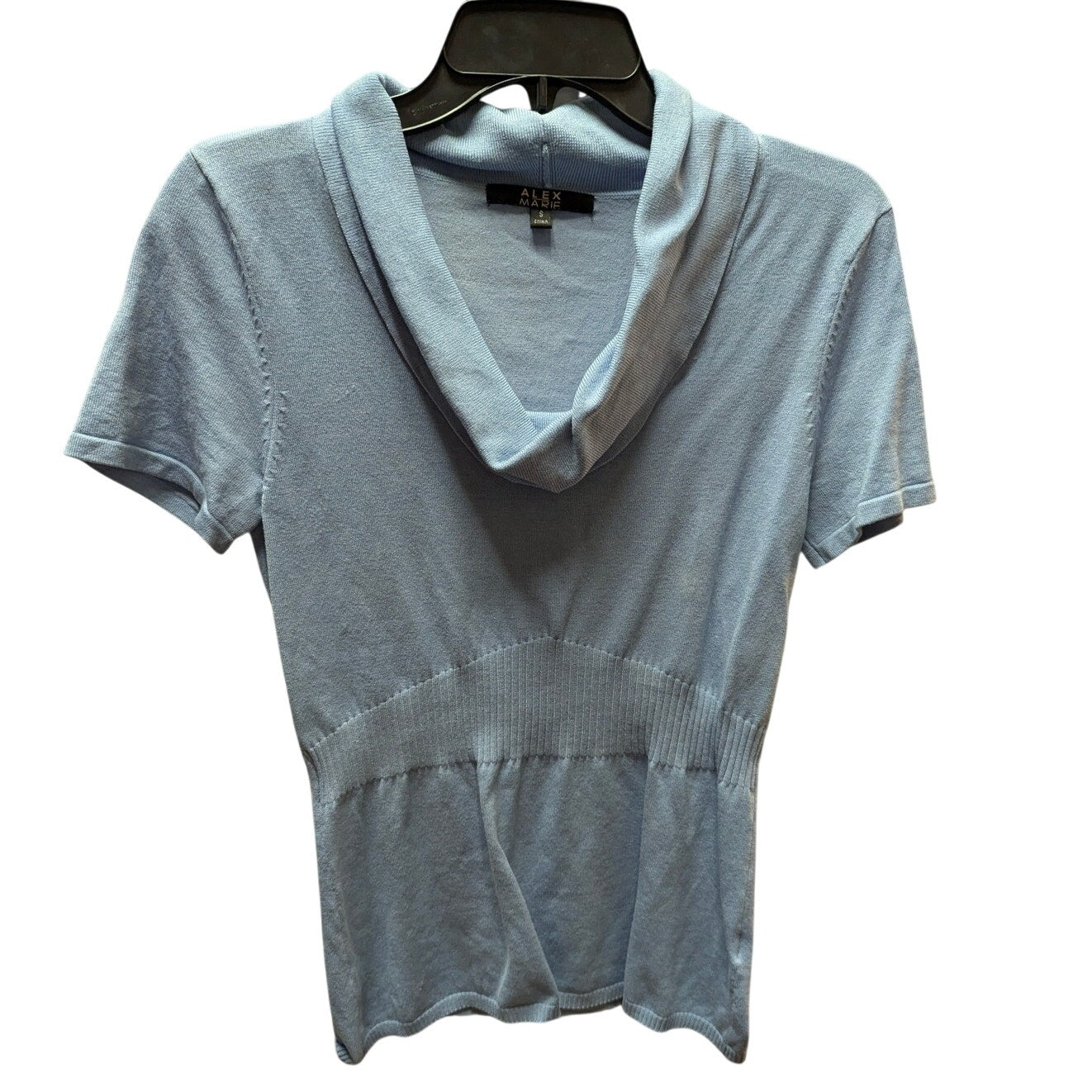 Alex Marie Powder Blue Draped Cowl Neck Short Sleeve Knit Sweater Top Y2K Office