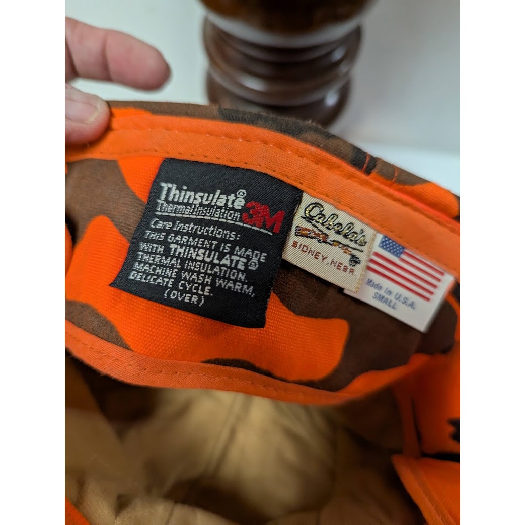 VINTAGE Cabela's Thinsulate Orange Safety Camo Winter Hunting full fabric Hat