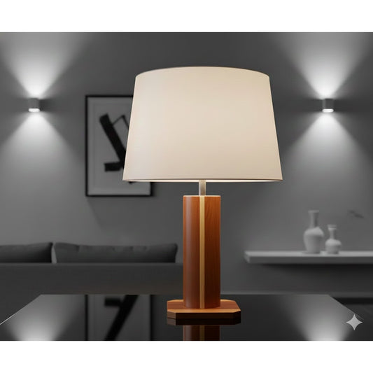 MCM Inlaid Wood Pillar Table Lamp on base Two Tone Mid-Century Modern MCM