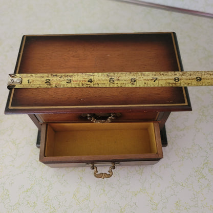 Vintage JEWELRY  wood music box brown yellow lining rings small vanity dresser