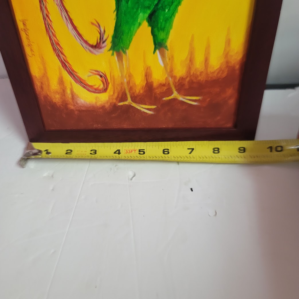 Hand painted Vibrant FOLKART Rooster w/ a runaway witch and broom Key Folk Gallo