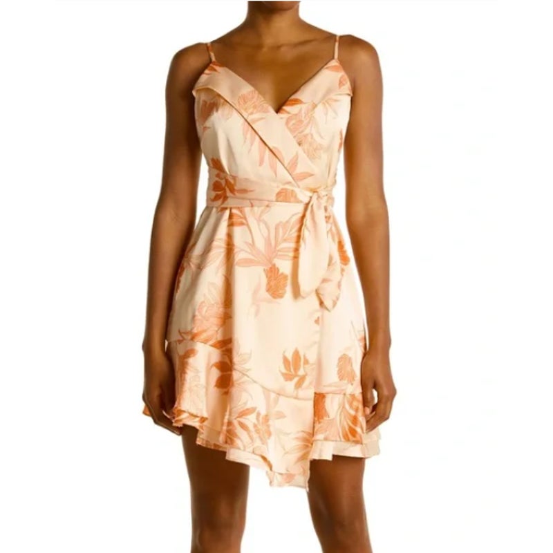 GUESS Margo Floral-Print Wrap Dress floral tie front satin silky orange mini XS
