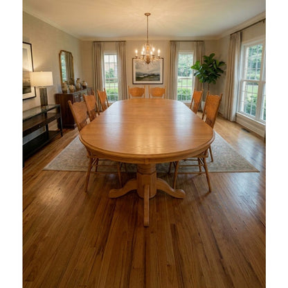 Secondhand Sandies: IMMACULATE Oak table 2 Leaves w/ 10 spindle chairs