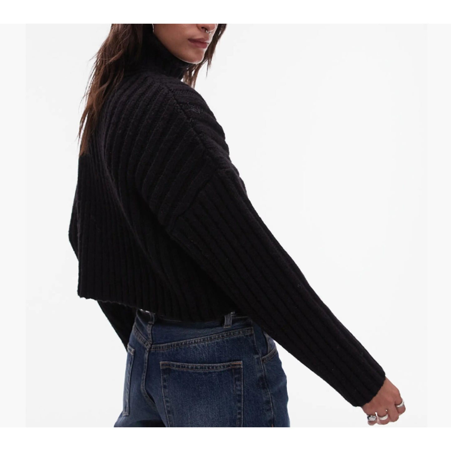 Topshop Turtleneck cuffed sleeve cropped KNIT Black Pullover Sweater X-Small 0-2