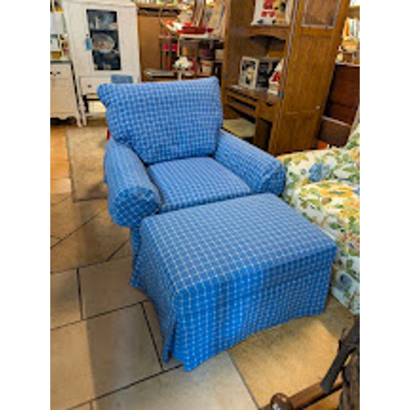 SECONDHAND SANDIES: Overstuffed skirted Armchair and Matching Ottoman Blue white Plaid
