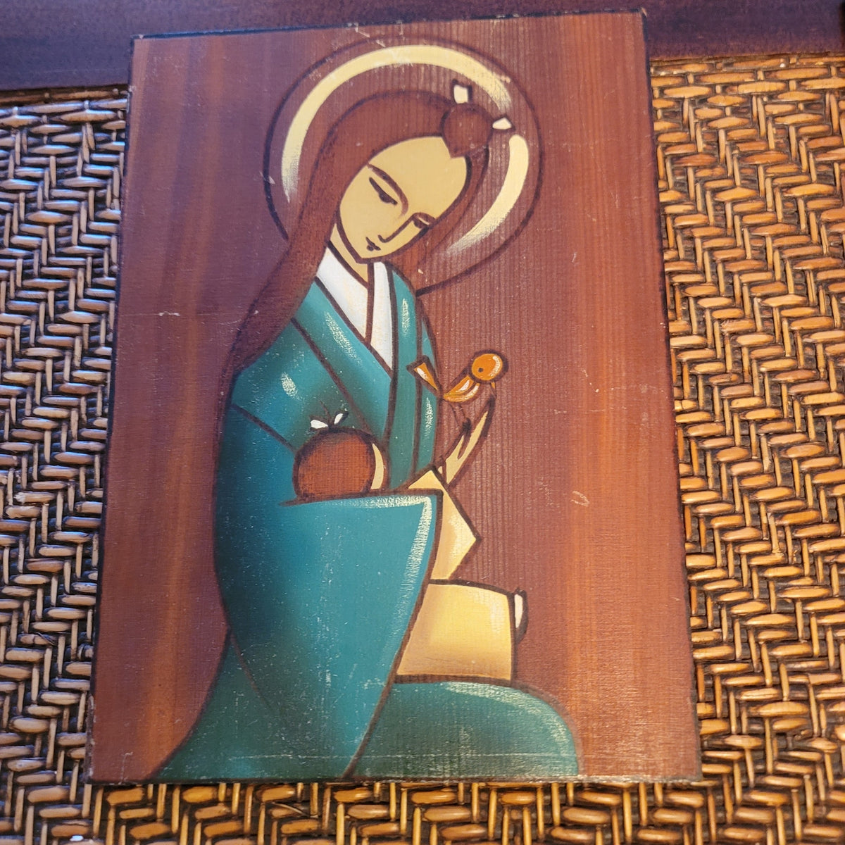 FUKUOKO SIGNED Vintage handpainted Japan mother child wall art wood plaque PAIR