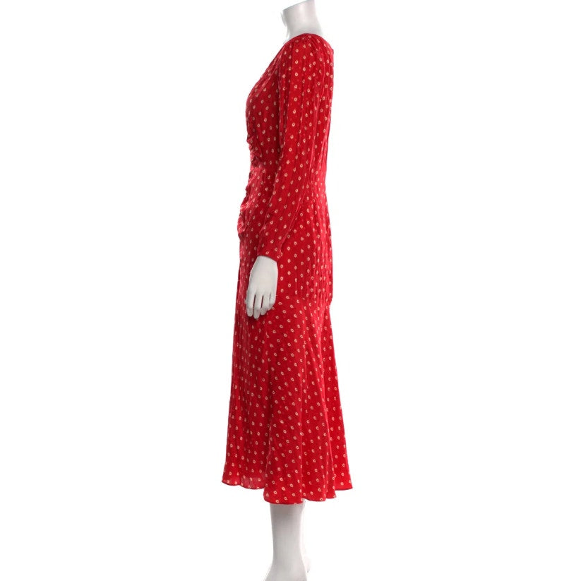Rebecca Taylor Silk Red Midi Dress Long Sleeve VNeck Modesty Size Medium NEW