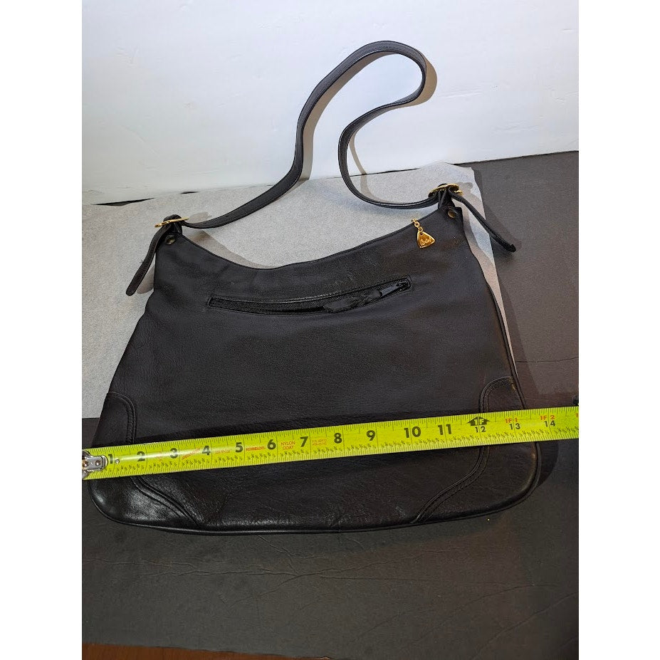 Brio! Vintage 80s Black Pebble Leather Crescent Hobo Shoulder Bag Gold Charm