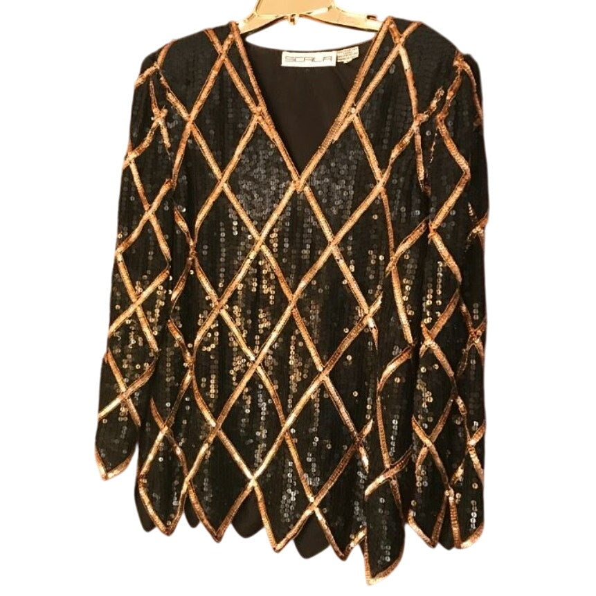Vintage SCALA Evening black sequin formal top jagged hem 80s XL Handstitch SILK