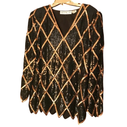 Vintage SCALA Evening black sequin formal top jagged hem 80s XL Handstitch SILK