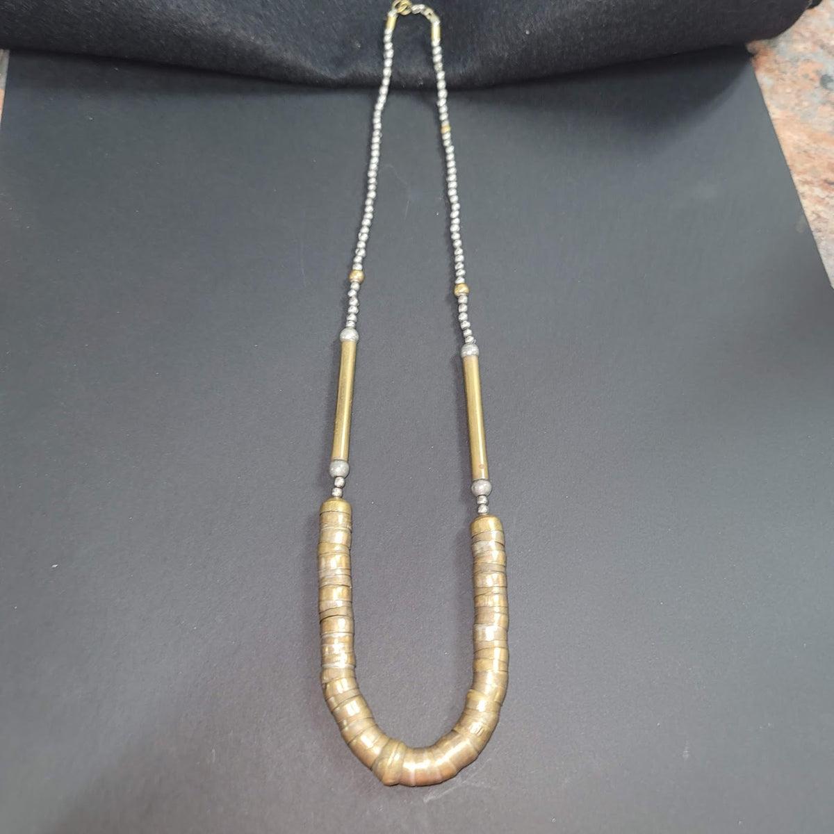 Unusual Single Strand Mixed Metal Brass and silver tone Necklace nesting beads