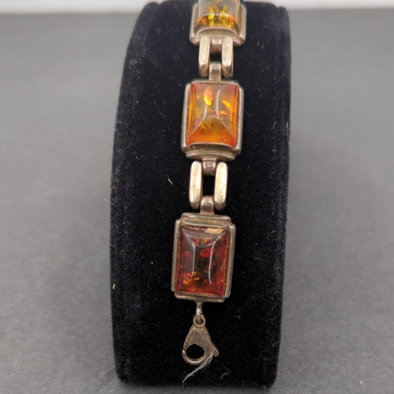 Vintage Amber Glass Emerald Cut Link Bracelet MCM Goldtone dark academia autumn
