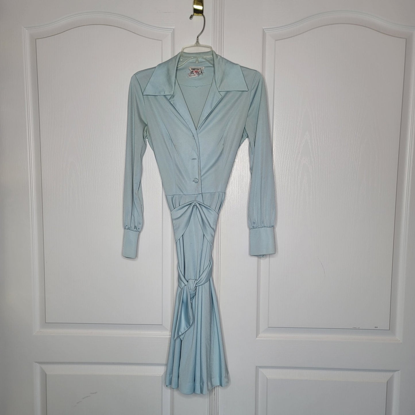 Vintage 70's Blue Fit Flare Dress Needs Repair Belted Long Sleeve Big Collar