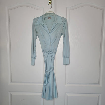 Vintage 70's Blue Fit Flare Dress Needs Repair Belted Long Sleeve Big Collar