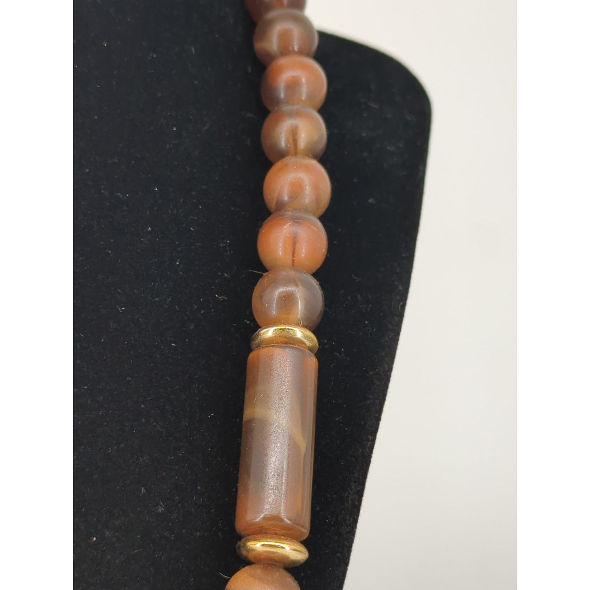 Vintage Brown Beaded Statement Necklace Gold Tone Cylindrical Beads Boho Tribal