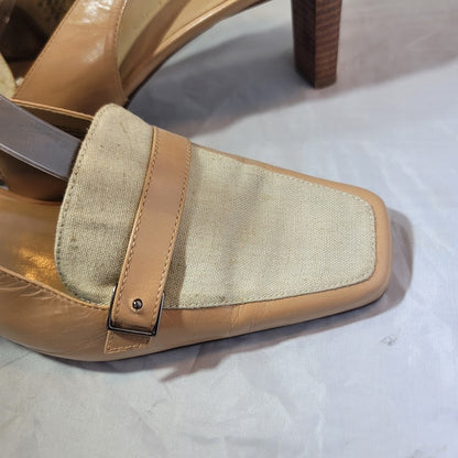 Bandolino straped mules heels tan and white career Womens Shoes Size 10
