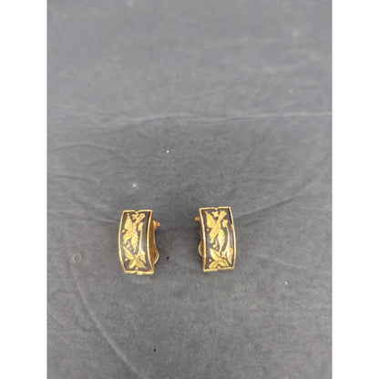 Vintage Damascene Style Gold Tone Bird Rectangle Clip On Earrings