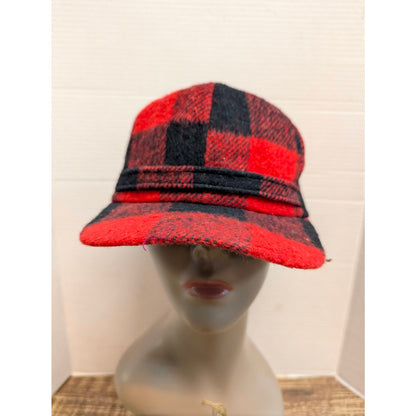 Vintage Red Black Buffalo Plaid Flap Cap Hat Retro Hunter Hunting Outdoor