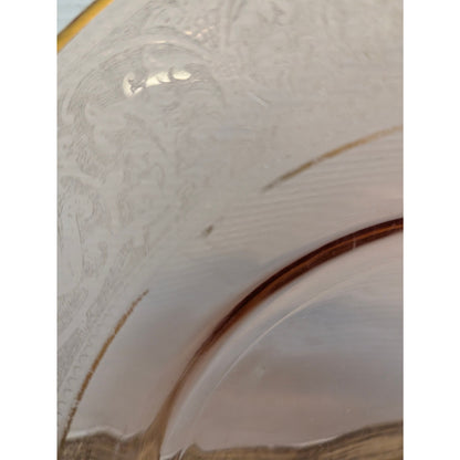 Vtg. Pink Depression Glass Platter 14" Etched Floral Gold Trim Hollywood Regency
