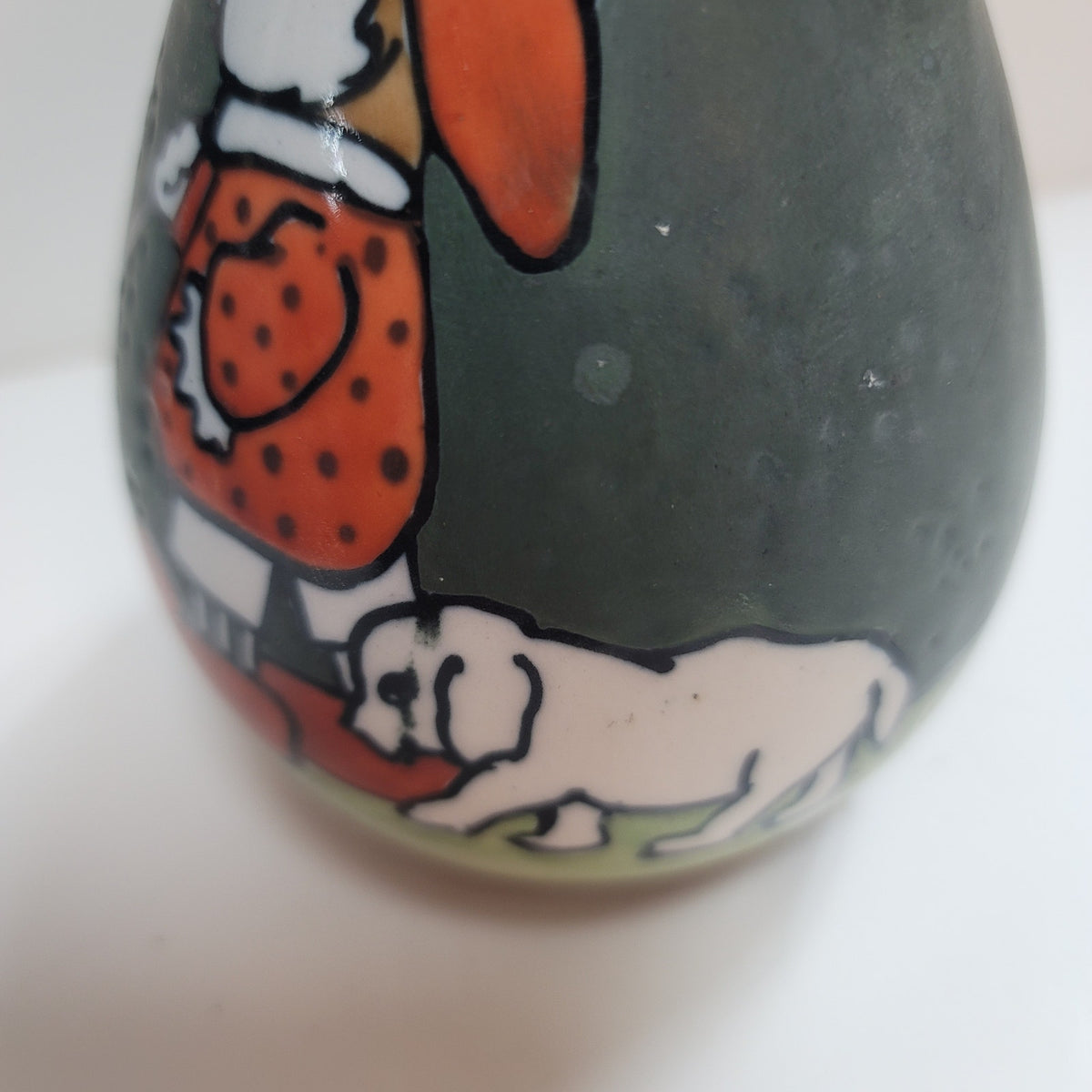 Austrian Art Pottery Double handle Vase Boy & Dog 6" green orange Porcelain