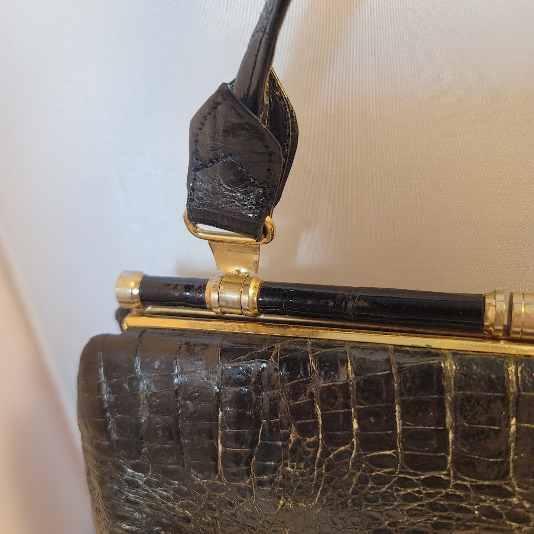 Vintage Genuine Crocodile Skin Hide handbag purse Black gold hardware