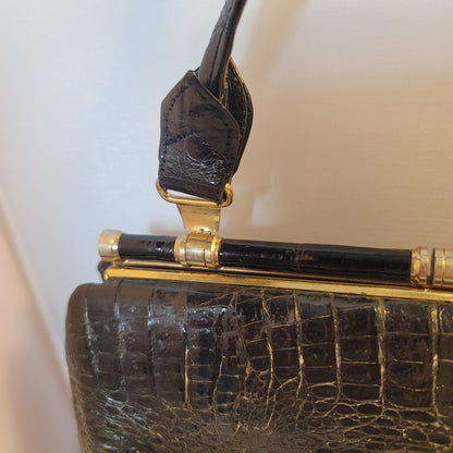 Vintage Genuine Crocodile Skin Hide handbag purse Black gold hardware