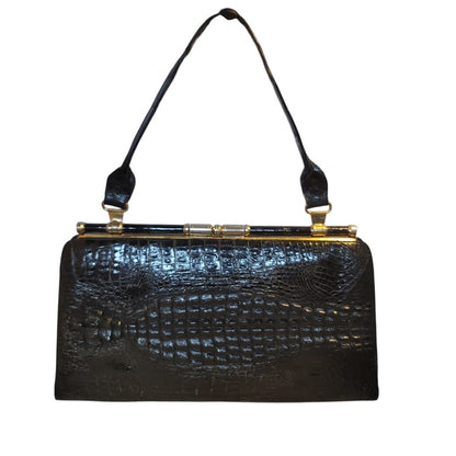 Vintage Genuine Crocodile Skin Hide handbag purse Black gold hardware