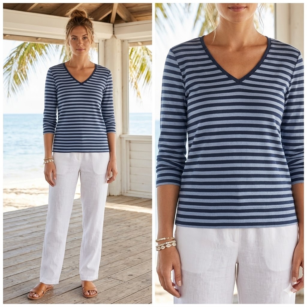 Jones New York Sport Striped V-Neck Top Womens Medium Blue Grey Cotton Tee
