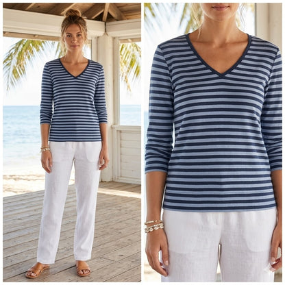 Jones New York Sport Striped V-Neck Top Womens Medium Blue Grey Cotton Tee