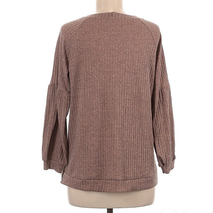 NEW Status Chestnut Brown Blouse Size Small Bell Sleeve Striped textured scoop