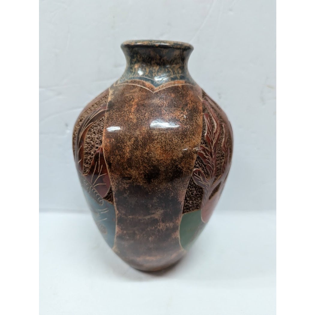 Hand Incised etched Vase Fish Turtle Clay pottery signed Cristina Amador