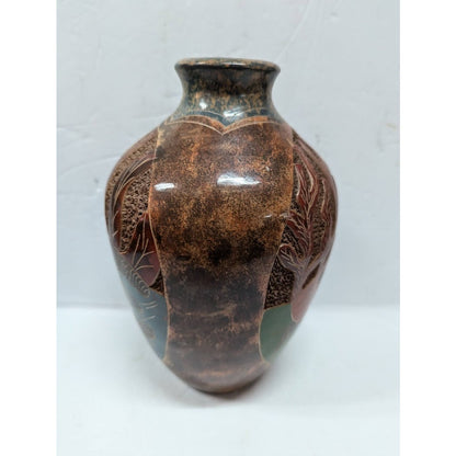 Hand Incised etched Vase Fish Turtle Clay pottery signed Cristina Amador