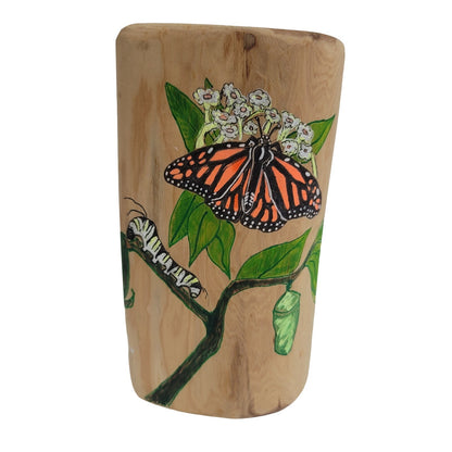 Handmade wood pillar tea light candle holder painted Caterpiller & Butterfly '13