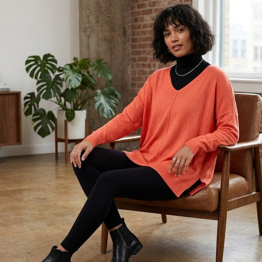 She + Sky Size Small Neon Orange Oversized V-Neck Sweater Casual Layering Career
