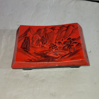Japanese Inspired Red Black Ceramic Trinket Box Two Piece Landscape 2pc.