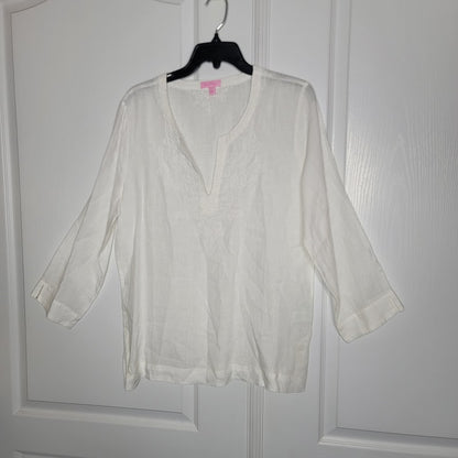 Lilly Pulitzer Amelia Island Summer Linen Tunic Large White Bead Collar Detail