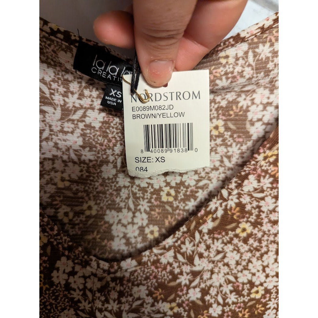 La La La Creative boho fesitval size xs tunic brown yellow floral blouse