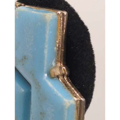 Vintage Mid Century Blue Geometric Zig Zag Clip On Earrings Retro Mod Statement