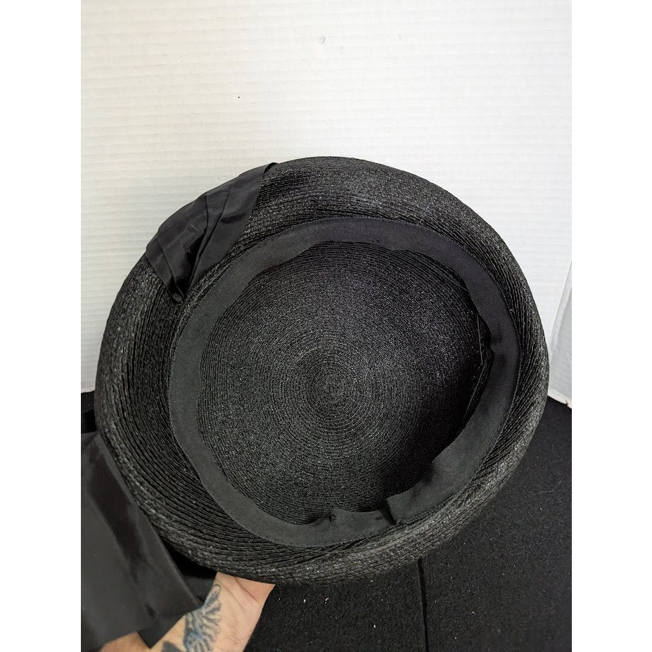 Vintage 50s Black Straw Breton Roller Hat Large Grosgrain Bow Rockabilly Church