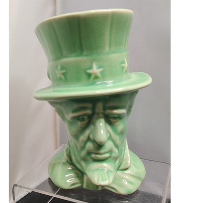 Vintage 1950 Vase Uncle Sam Green Top Hat HeadVase Planter Figurine Collectible