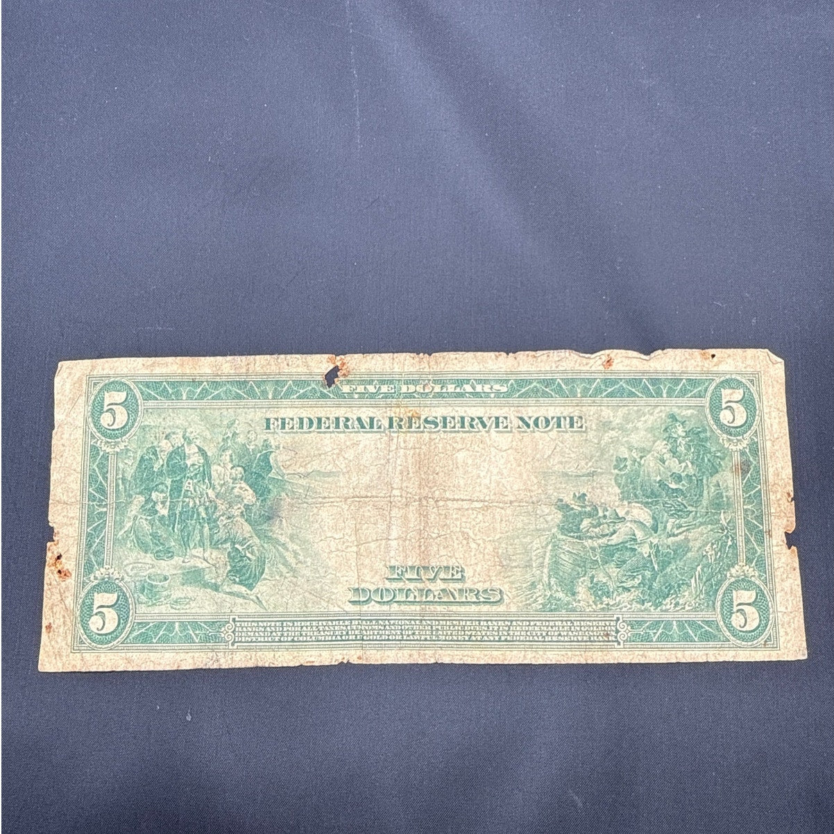 Vintage 1914 $5 Federal Reserve Note New York District 2-B Blue Seal Lincoln