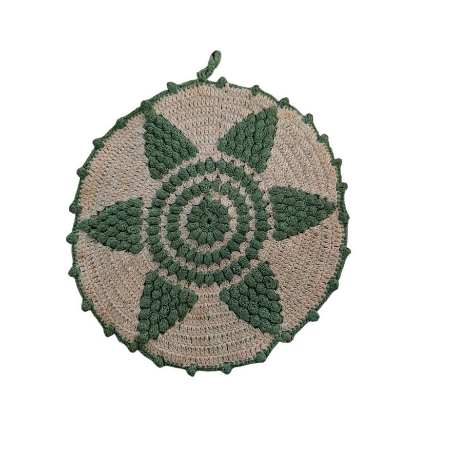 Vintage Crocheted Green Cream Trivet doily Star pattern raised 9" round Cabin
