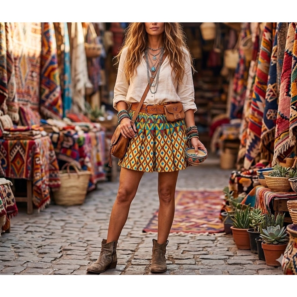 NF Cotton Geometric Print Pleated Midi Skirt One Size African boho