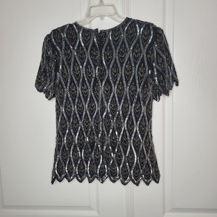 Vintage papell evening Beaded Sequin Short Sleeve Top Blouse Blk Blue Large Silk