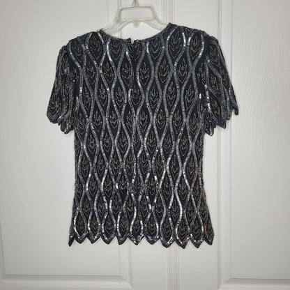 Vintage papell evening Beaded Sequin Short Sleeve Top Blouse Blk Blue Large Silk