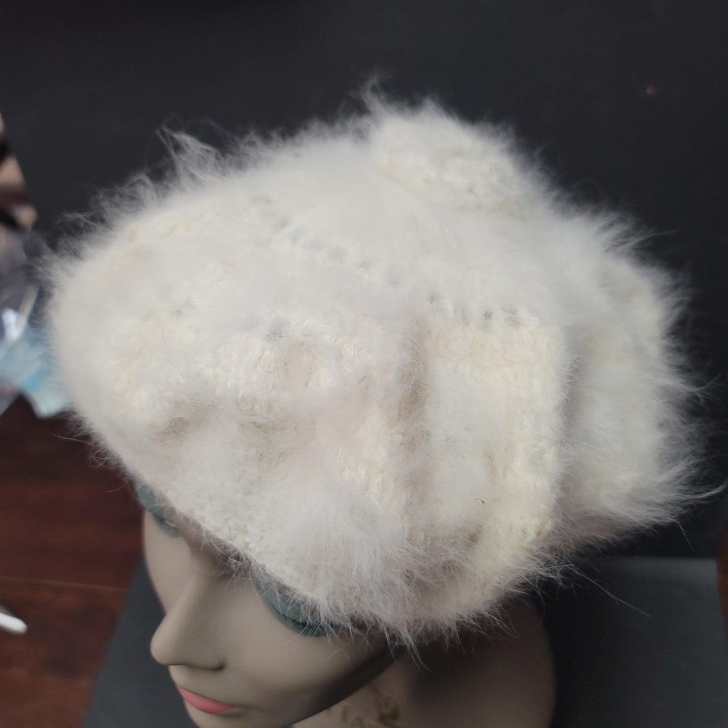 VINTAGE Angora beret fluffy cream hat floral detail on top luxurious one Size