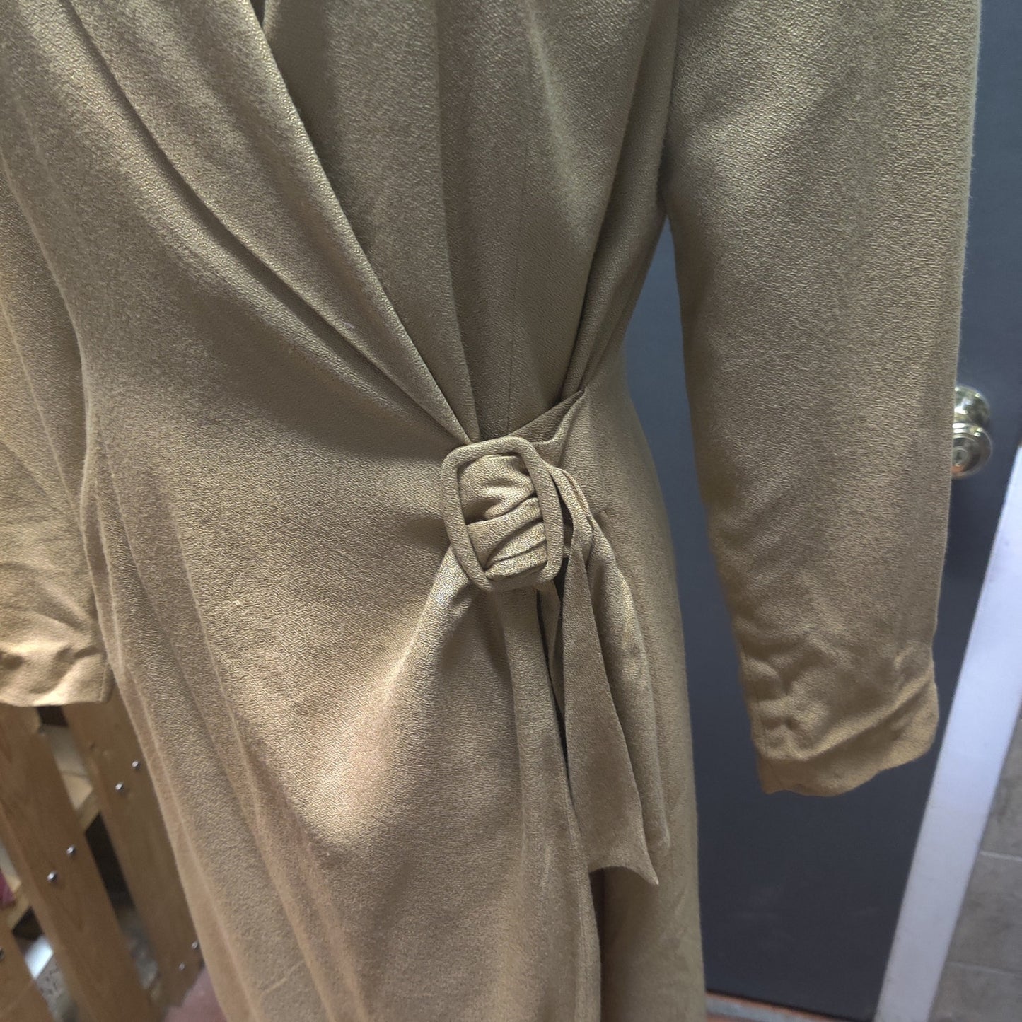 Vintage 80s Kasper ASL Tan Pass Side Belt Blazer Wrap Dress 4 Career Long Sleeve